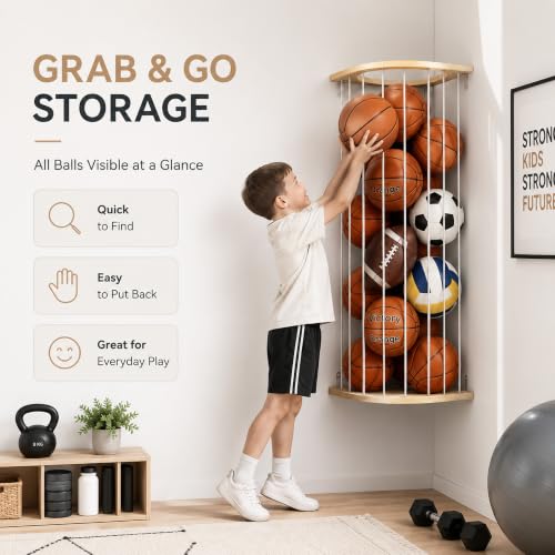 Wall-Mount Sports Ball Storage Rack with Wooden Frame for Garage & Home