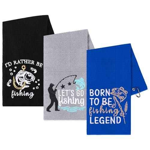 3 Pcs Fishing Towels with Clip Soft Embroidered Fishing Towel Effective Cleaning of Fishing Gears Dirty Hands Boat Towels 16 x 16¡± Absorbent Fishing Hand Towel for Men Women Camping Hiking Fly Fishing