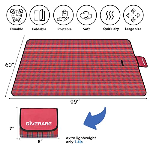 Red Picnic Beach Blanket 99x60in Waterproof Sandproof Outdoor Mat for Camping & Family