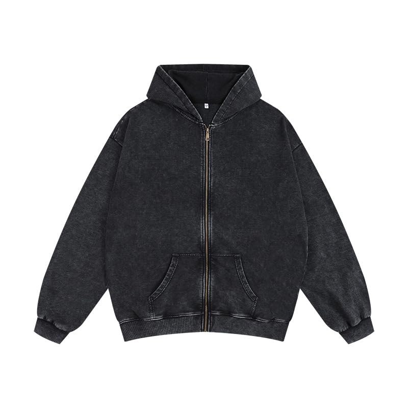 Men's Zip-Up Hoodie Large Black Solid Oversized Hip-Hop Casual Sweatshirt