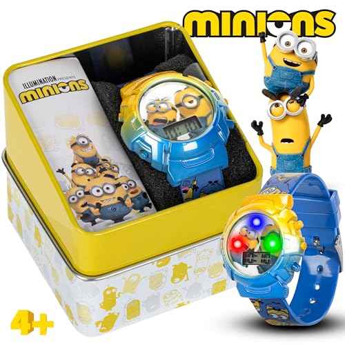 Accutime Minions Kids Watch ? Flashing Dial Lights, LCD Display, Adjustable Comfortable Strap, Collectible Tin ? Perfect for Boys and Girls
