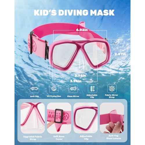 OutdoorMaster Jellyfish Kids Swim Goggles with Nose Cover, Snorkel Diving Mask with Elastic Fabric Strap, Anti-Fog Tempered Glass Swimming Goggles for Boys and Girls, Age 6-14