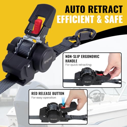 Black 1x5ft Retractable Boat Tie Down Straps with Double S Hooks - 2 Pack