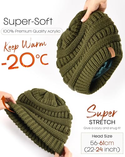 FURTALK Womens Slouchy Winter Beanie Knit Hat Satin Lined 3 Pack - Black, Green, Beige