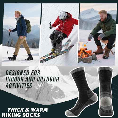 VoJoPi Wool Hiking Socks for Men 5 Pairs, Thermal Winter Warm Moisture Wicking Full Cushioned Crew Boot Socks Size 7-12