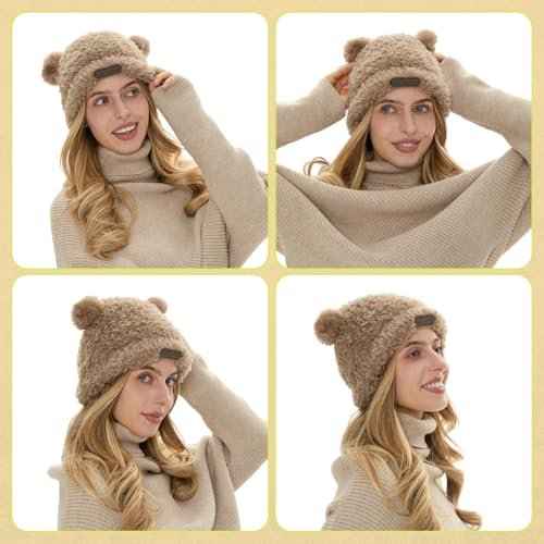 2 Pcs Cute Fuzzy Bear Ear Beanie for Women Winter Plush Warm Woolen Hat Faux Fur Animal Knitted Cap