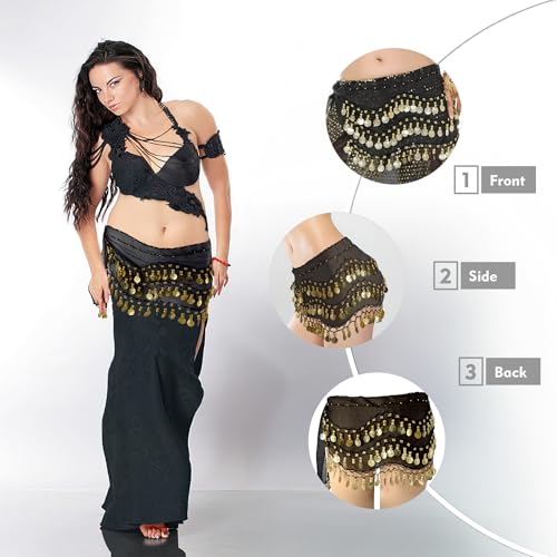 Black Belly Dance Hip Scarf with 128 Gold Coins for Women - MOLFUJ