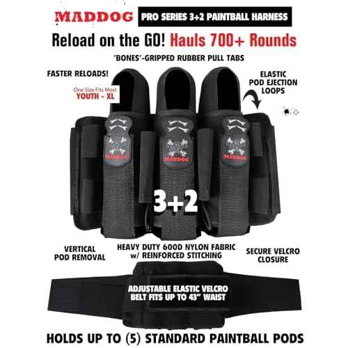 Maddog Pro 3+2 Paintball Harness Pod Pack | Harness Only | Adjustable Pod Holder Belt for Tournament, Woodsball & Speedball (Holds up to 5 Pods)