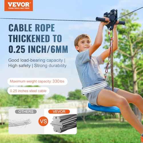 VEVOR Zip line Kits for Backyard£¬160ft Zip line Kit for Kids and Adult Up to 330 lb, Included Swing Seat, Ziplines Brake, and Steel Trolley, Outdoor Playground Equipment
