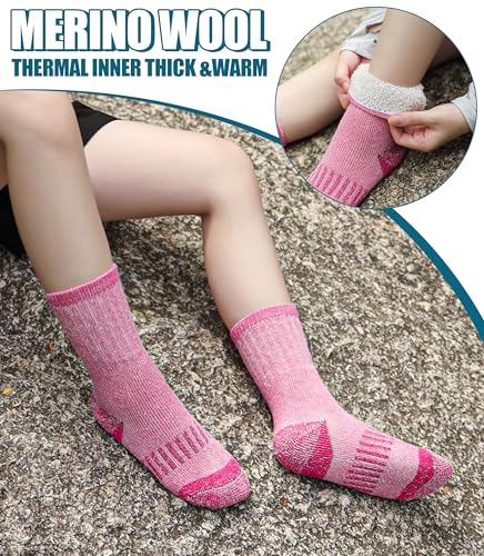 Kids Merino Wool Thermal Socks 8-12 Years Winter Warm Thick Cushioned Snowboarding Socks - Purple/Pink/Gray