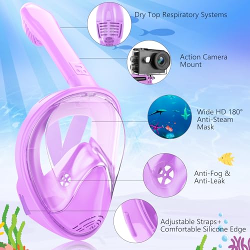 Kids Snorkel Mask Full Face, Snorkeling Gear for Kids 2-14 with Camera Mount, 180 Degree Panoramic View Snorkeling Set Anti-Fog Anti-Leak