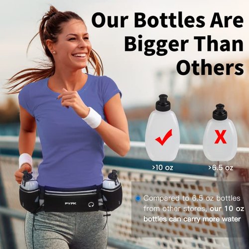 PYFK Upgraded Running Belt with Water Bottles, Hydration for Men and Women, Bottle Holder Pouch Belt, Fanny Pack Fits 7 inches Phones, Waist pack Runner Jogging (Black)