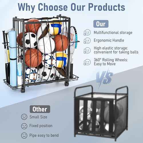 Sports Equipment Organizer Rolling Ball Storage Cart Garage Toy Storage Ball Holder Garage Organizer Sport Rack with Side Bracket for Basketball,Football, Garage, Gym