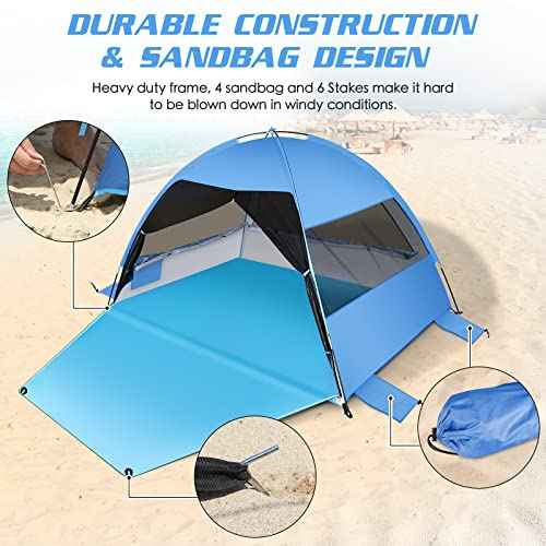 Large 3-4 Person Beach Tent - UPF 50+ Anti-UV, Easy Setup with Extended Floor & Mesh Windows, Portable for Camping Fishing (Blue)