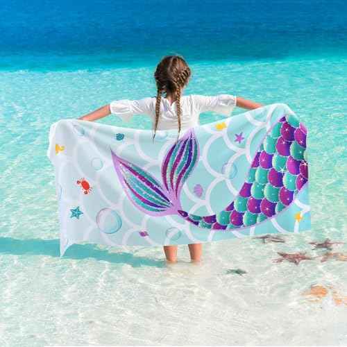 WERNNSAI Mermaid Kids Beach Towel for Girls - 30¡± x 60¡± Mermaid Sand Free Swim Towels for Girls Bath Pool Camping Travel Towel Quick Dry Ultra Absorbent Super Soft Beach Blanket Bath Shower Towel