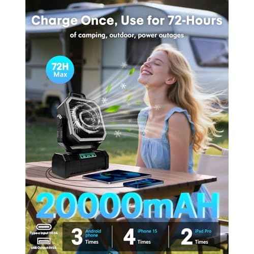 Camping Fan with Bluetooth Speaker Portable Fan,20000mAh Rechargeable Battery Powered Fans,Quiet 4-Speeds, 4-LED Light,360¡Æ Hanging Hook for Outdoor Picnic Tent Beach Travel Barbecue, Black
