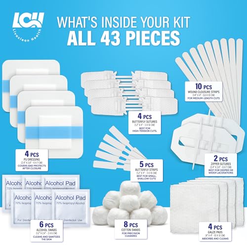 43 Pack Wound Closure Strips Kit with Butterfly Bandages Gauze Dressings and Swabs - Emergency First Aid Supplies