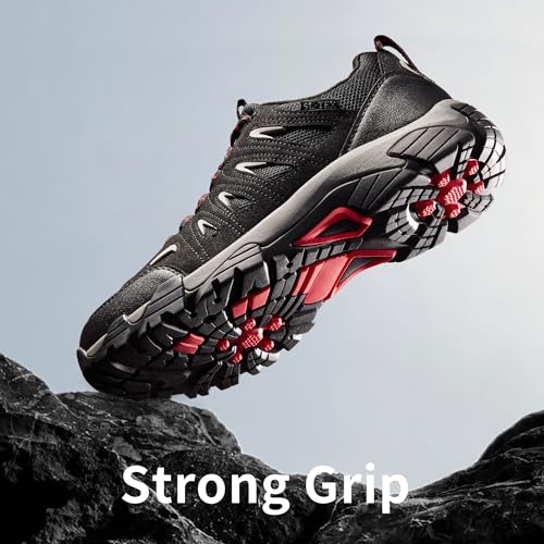 Men's Waterproof Hiking Shoes - Lightweight Low Top Trail Shoes Black Red 11