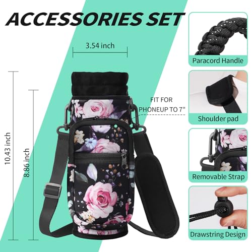 16oz Water Bottle Carrier Bag Neoprene Sleeve with 4 Pockets & Adjustable Strap - Black Flower