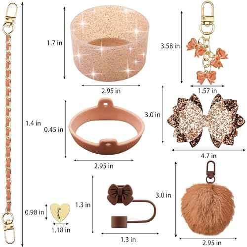 Bling Stanley Cup Accessories for 40oz & 30oz Tumbler including Silicone Cute Bow Straw Topper Cover, Silicone Stanley Cup Boot,Leather Water Bottle Handle Strap, Charms(Brown)