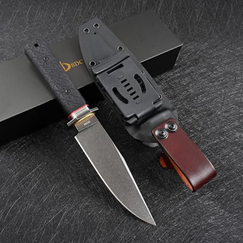 DC53 Steel Fixed Blade Hunting Knife with Sheath - Tactical Outdoor Survival Knife, Black Stone Wash