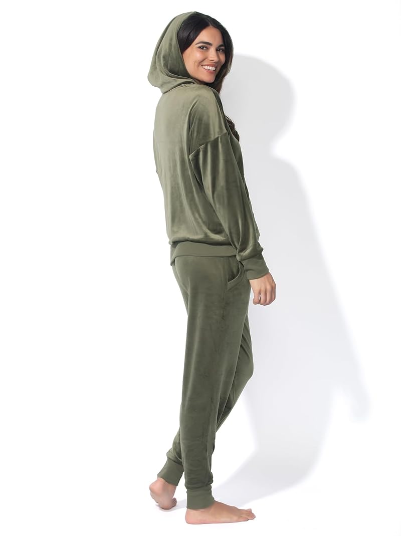 Felina Womens Velour Zip Hoodie & Jogger Set - Deep Olive, Large