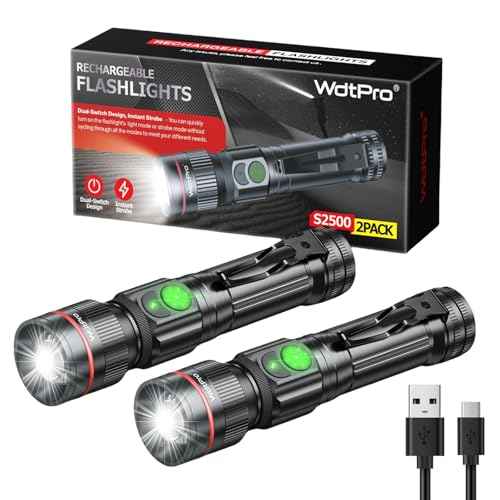 WdtPro 2 Pack Flashlights Rechargeable, Bright Mini LED Pocket Flash Lights with Clip, Zoomable, Dual Switch, 5 Modes, Waterproof Flashlight for Camping Outdoor Home Emergency (Battery Included)