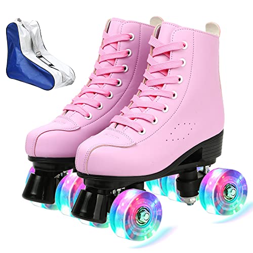 Pink High-Top Roller Skates for Women Men Double-Row PU Wheels - Size 40 US / 9 Women, 7.5 Men