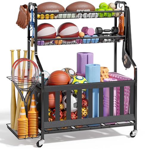 Kitsure Sports Equipment Organizer with Wheels - Black, 40"D x 16.7"W x 45.6"H Garage Ball Storage Rack