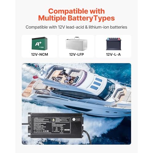VEVOR Marine Battery Charger, 1-Bank, 10A 12V Onboard Boat Charger, IP68 Waterproof Smart On-Board Battery Charger, for Lithium-Ion (LiFePO4), NCM, Lead-Acid Batteries, Large Boat, Yacht, RV, Trailer