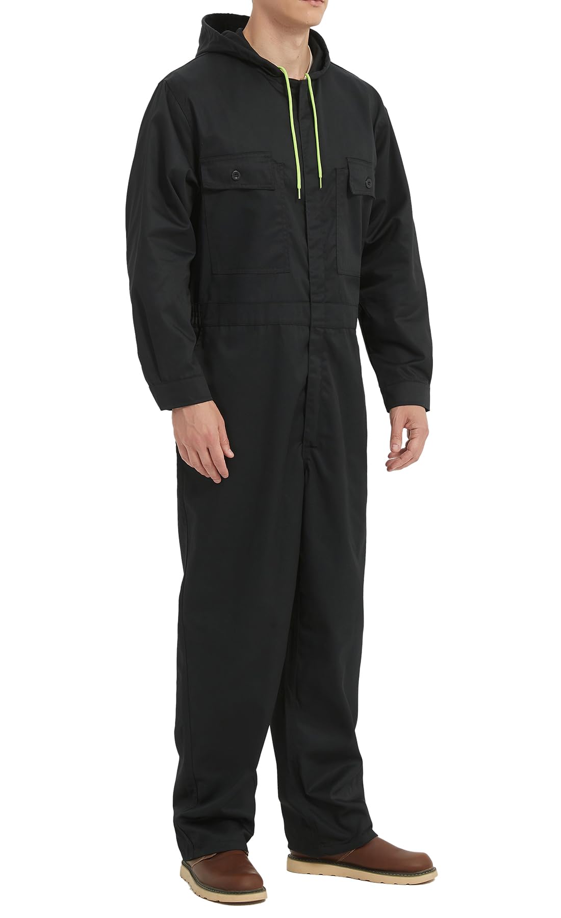 Yukirtiq Mens Cotton Blend Long Sleeve Coverall Multi Pockets Zip Overall Mechanic Work Jumpsuit with Hood, Black, S