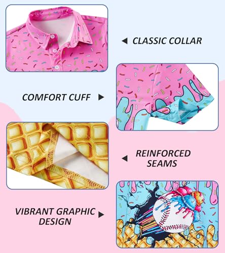 Cozople Boys Polo Shirt - Lightweight Short Sleeve Collared Top for 5-14 Years, Ball Ice Cream Pattern