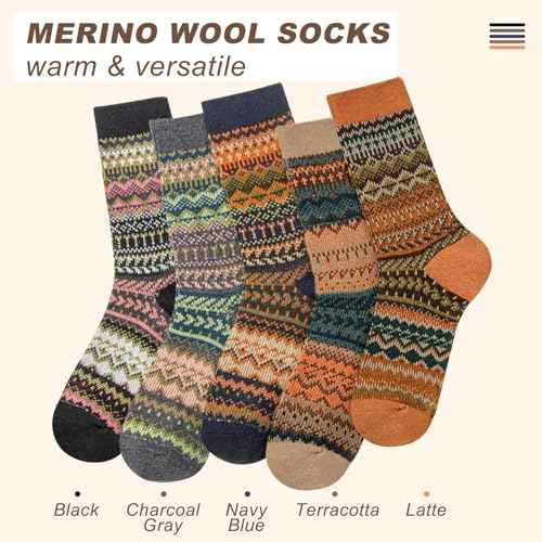 Womens Socks 5 Pairs Warm Merino Wool Socks for Women Thermal Boot Crew Lightweight Gifts Size 9-11