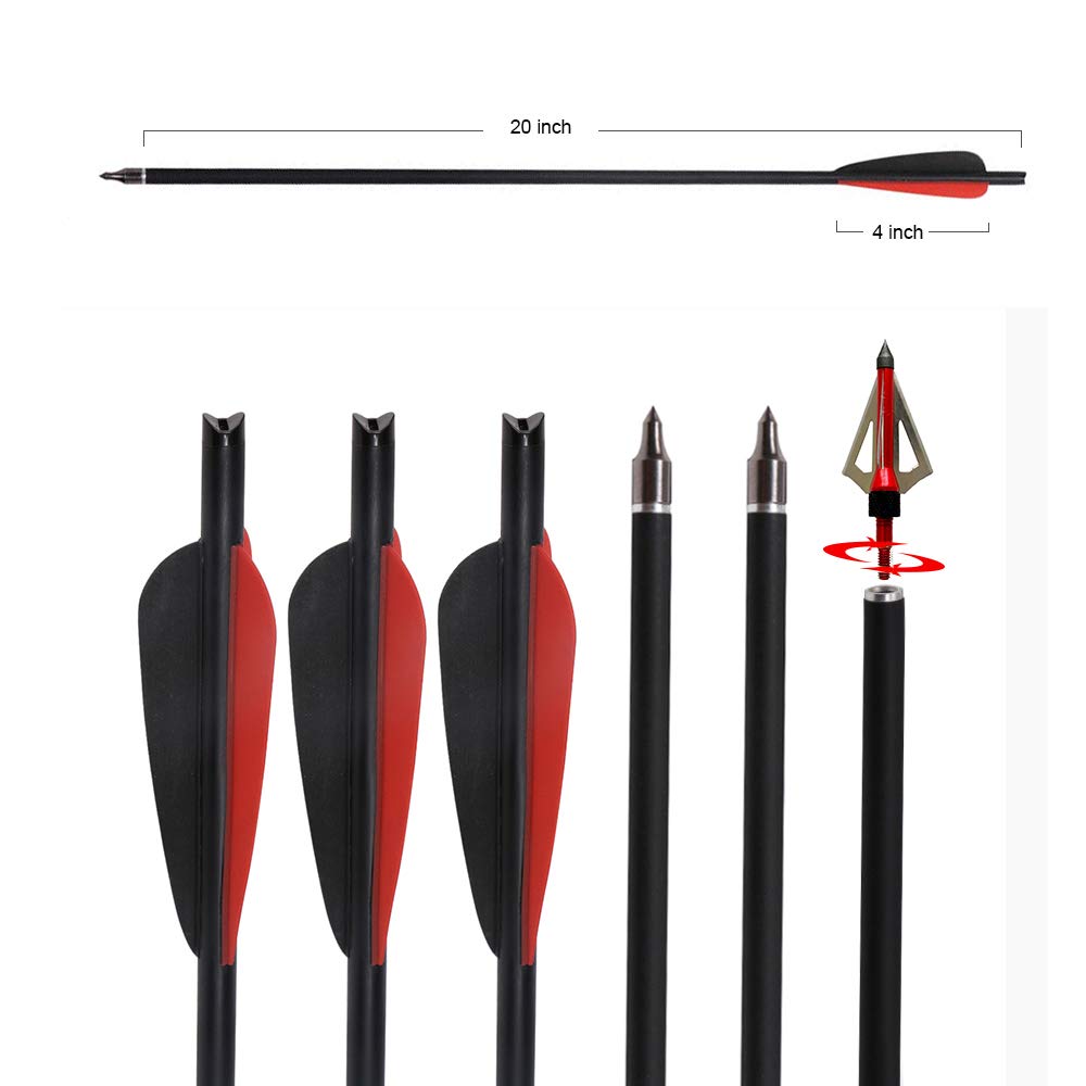 IRQ 20 Inch Crossbow Bolts and Crossbow Broadheads Set, Carbon Crossbow Arrows for Hunting and Outdoor Practice, 12 Red Arrows, 6 Broadheads(18 Pack)(Black and red)