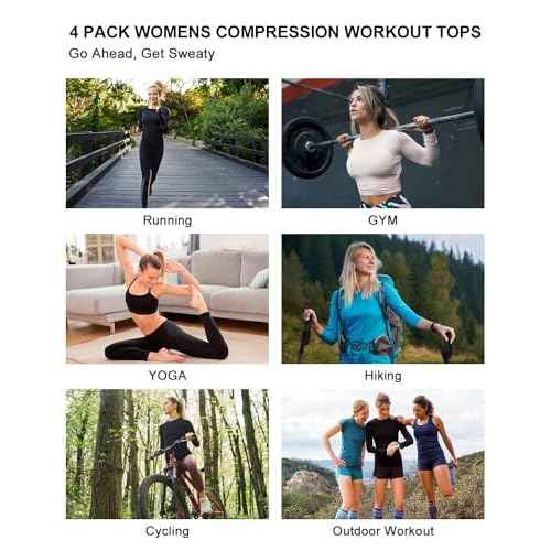 4 Pack Women's Long Sleeve Compression Shirts, Dry Fit Workout Athletic Sun Protection Cooling Tops for Yoga Running Gym