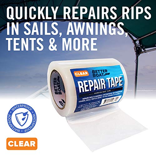 Repair Tape for Fabric Boat Covers, Canvas Tents, Pop-Up Campers, RV Awnings, Tarps, Canopies, Bimini Tops, Sails, Air Mattress Patch Kit, 30ft x 3" Clear Heavy-Duty Waterproof Vinyl