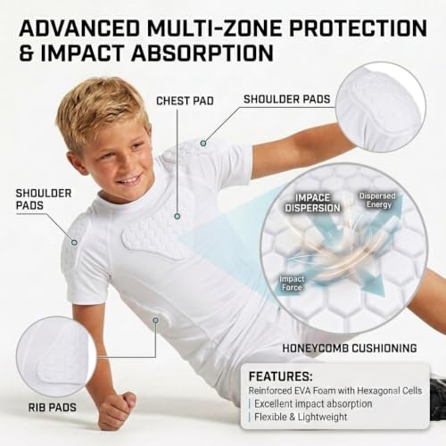 Youth Padded Compression Shirt Rib Protector for Football Baseball Kids White X-Large