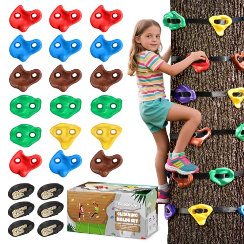18PCS Tree Climbing Holds Kit with 6 Ratchet Straps for Kids & Adults