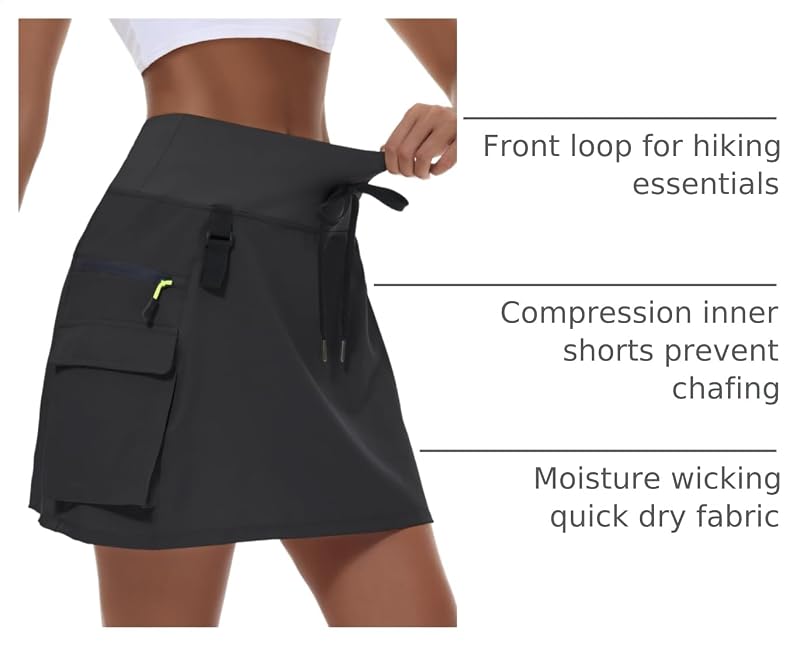 MIVEI Women's Hiking Cargo Skorts with Zipper Pockets, Black, Medium