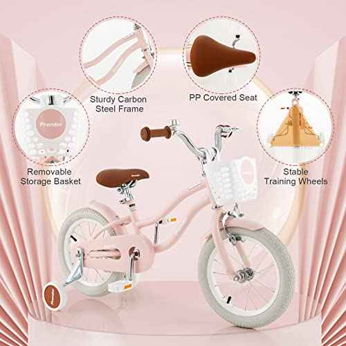 BABY JOY Kids Bike, 12 14 16 18 20 Inch Boys Girls Bike w/Adjustable Seat, Removable Basket, Handbrake & Coaster Brake, Training Wheels or Kickstand, Kids Bicycle with Multi-Color
