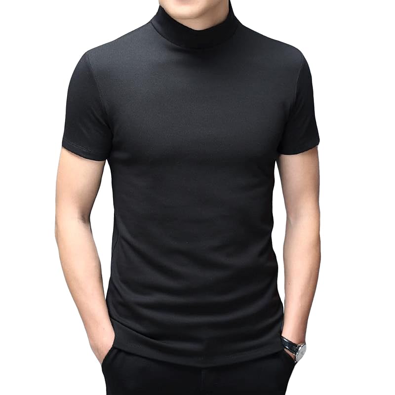 Men's Mock Neck Short Sleeve T-Shirt - Basic Fit, 80/20 Cotton-Spandex, Black Small