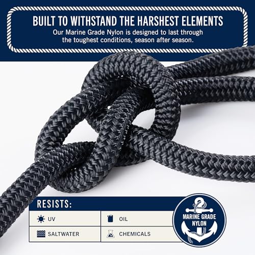 50ft Double Braided Marine Anchor Rope Set - Black, 2 Pack with Stainless Steel Thimbles & Heavy Duty Shackles