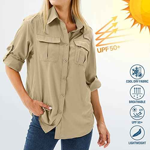 Women's UPF 50 Long Sleeve Sun Protection Shirts Safari Fishing Hiking