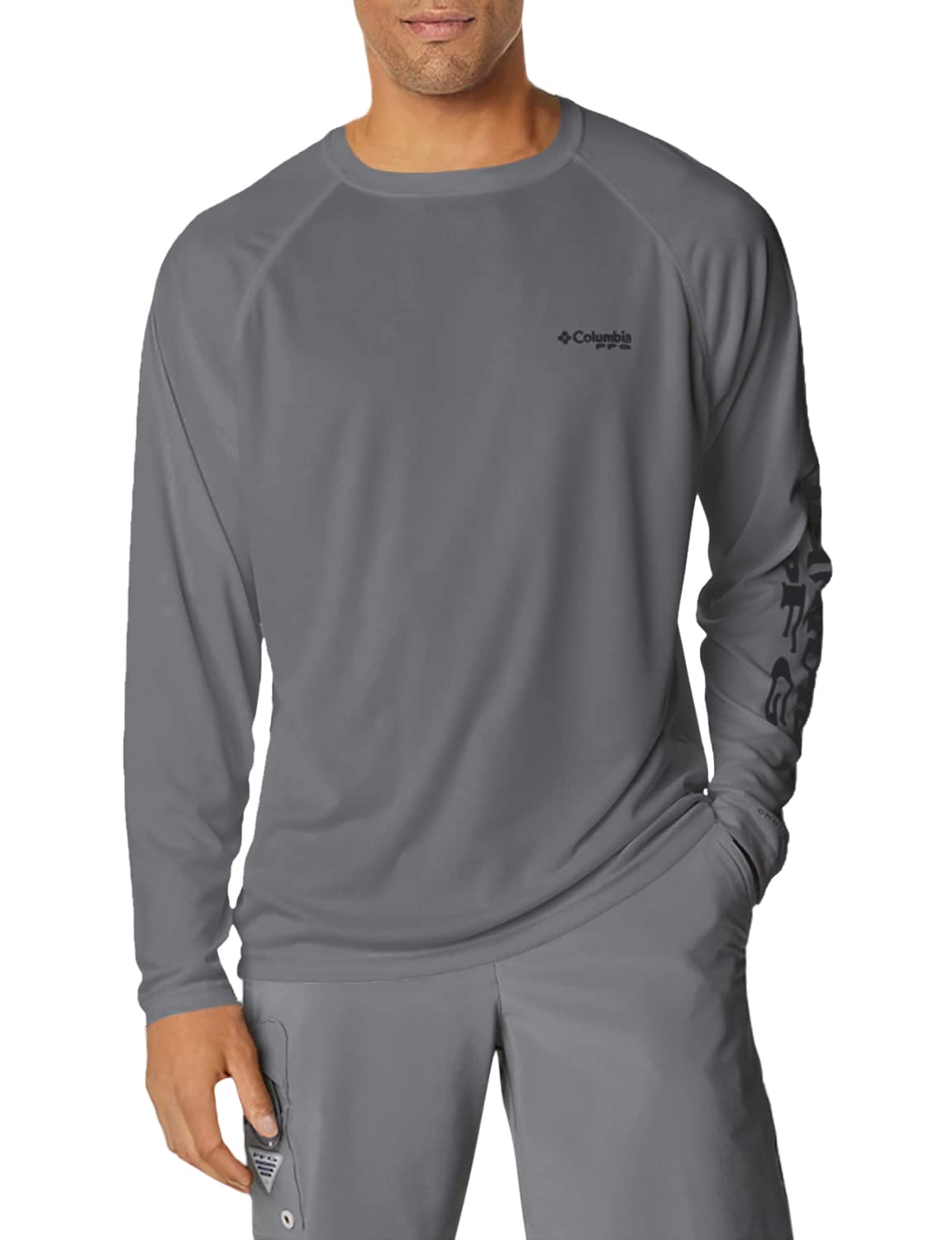 Columbia Men's PFG Terminal Tackle Long Sleeve Fishing Shirt, City Grey/Black Logo, Large Tall