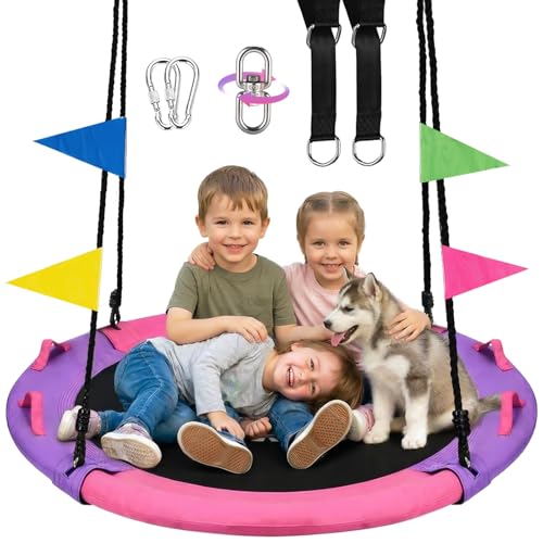 Kids & Adults Saucer Tree Swing - Pink & Purple, 43 Inch, 900LBS Capacity, 360° Swivel Outdoor Play Equipment