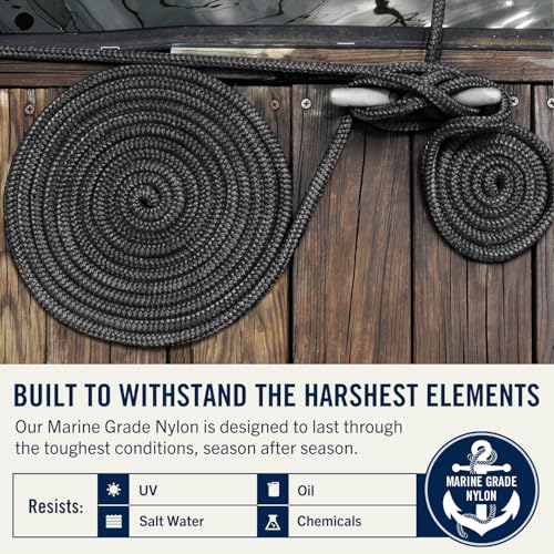 RainierSupplyCo 15' x 3/8 Inch Double Braided Nylon Dock Lines 4-Pack with Loops - Black