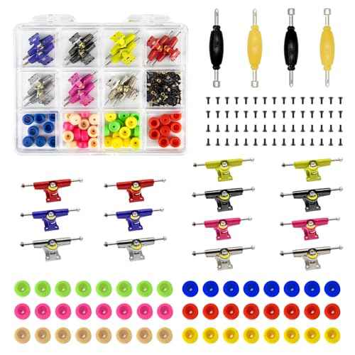 SIXPOINTS 156 Pieces DIY Fingerboard Making Kit Case-31mm Multicolour Trucks,Wheel, Screws,Nuts,Spanner,Compatible with Most Finger Board Repair Replace Tool (Multicolour Trucks Repair Box)