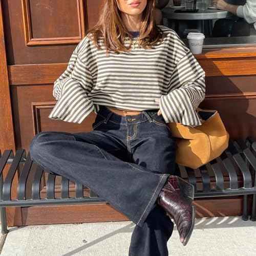 Women Y2k Long Sleeve Fairy Grunge Striped Baggy Tees Shirts 2000s Emo Aesthetic Sweater Crop Tops Streetwear