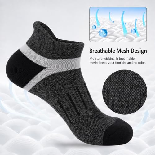 Men's Cushioned Ankle Running Socks - Moisture-Wicking, Low Cut, 7 Pairs Dark Gray