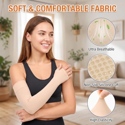 X-Large Beige Medical Compression Arm Sleeve with Gauntlet 20-30mmHg